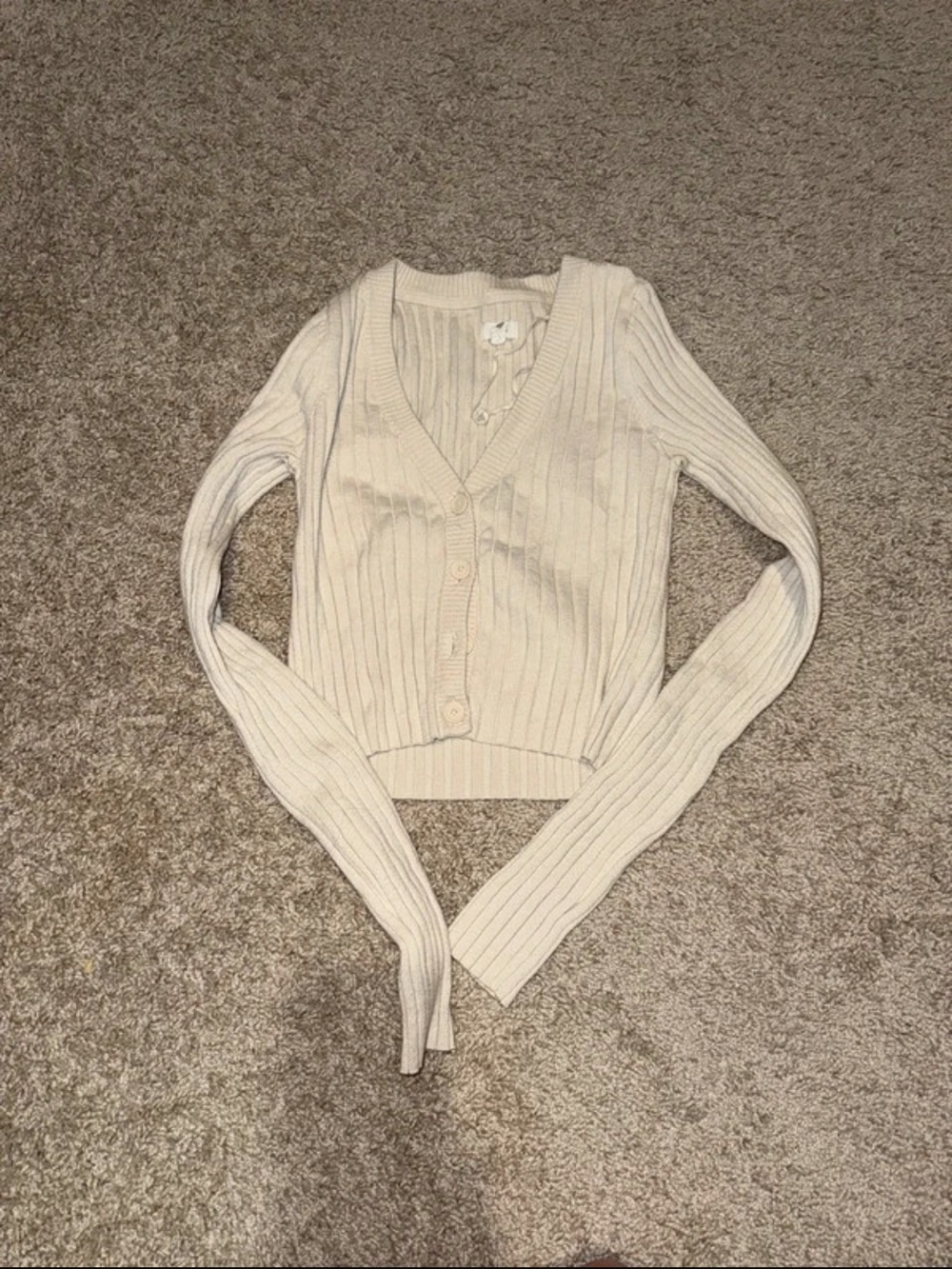 aerie Cream Ribbed V-Neck Button-Front Cardigan